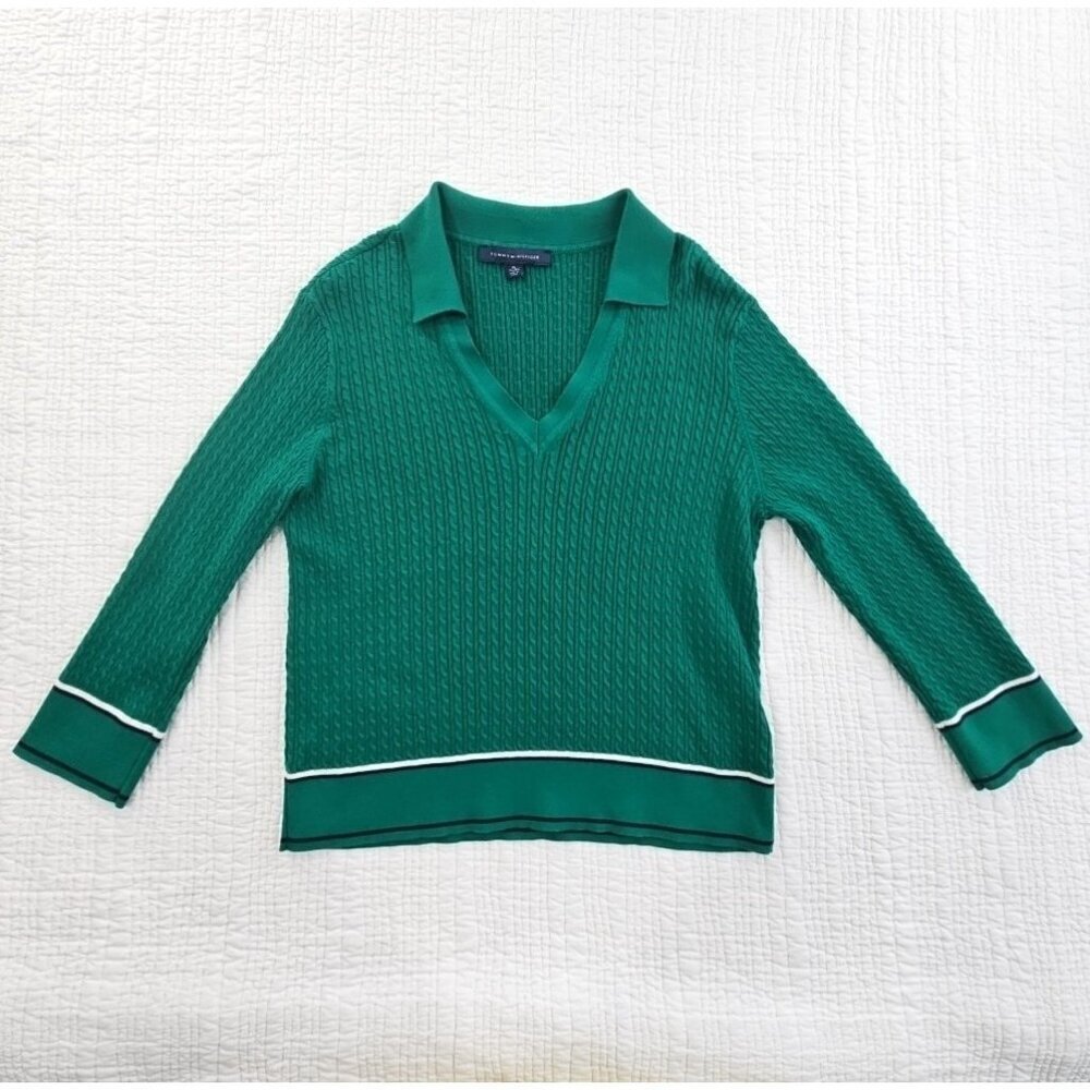 Tommy Hilfiger Cable Knit Sweater Women's XL Green V-Neck Long Sleeve EUC‎ LN